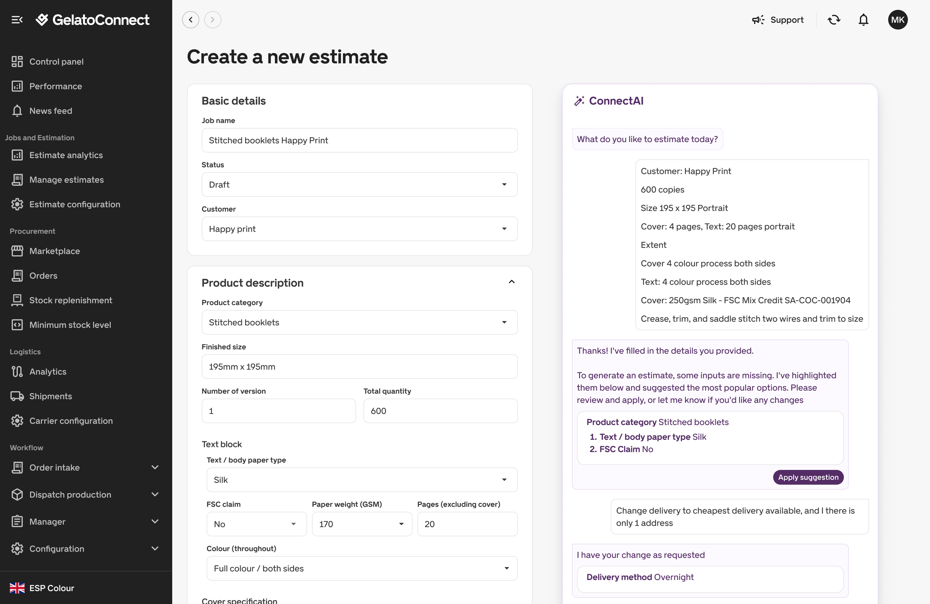 Gelato AI estimation platform interface